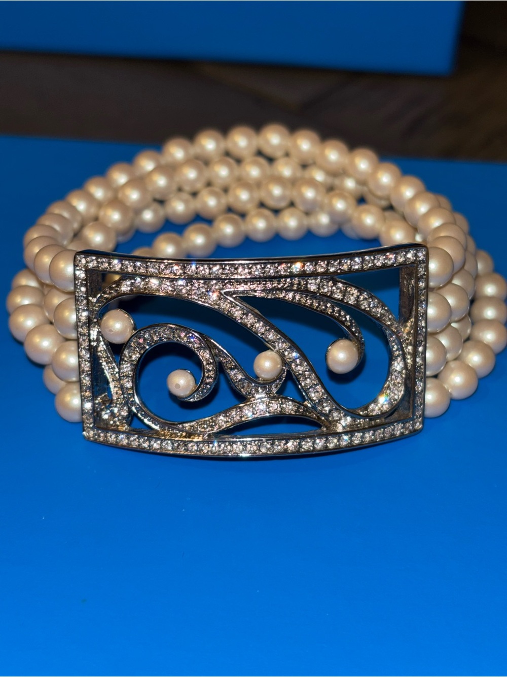 Monet Cream Pearl Multi-Strand Bracelet with Crystal Rectangle Filigree